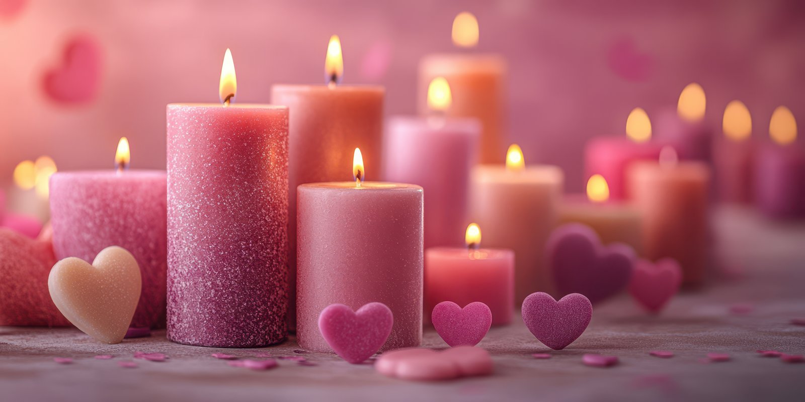 Soft pink candles create a warm and romantic atmosphere for a celebration during evening hours